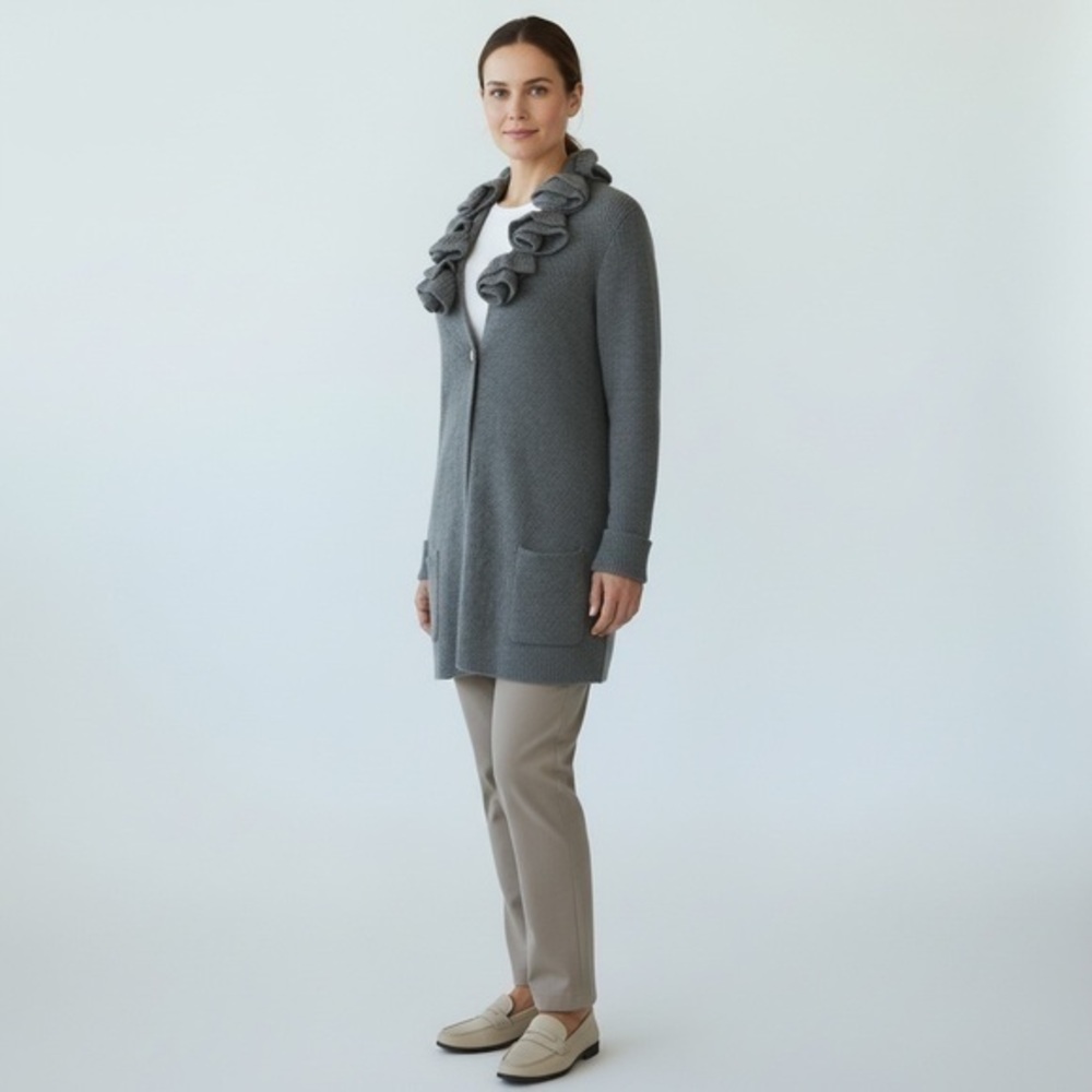 Soft Surroundings Ruffle Collar Cardigan Sweater Green Wool-Blend | Medium